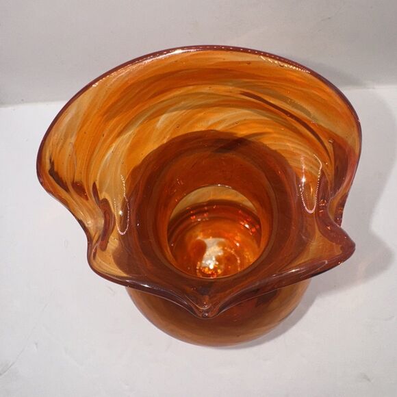 VTG Hand Blown Orange Swirl Art Glass Vase 7” Tall Ruffled Tulip Rim Style Decor - Picture 6 of 8